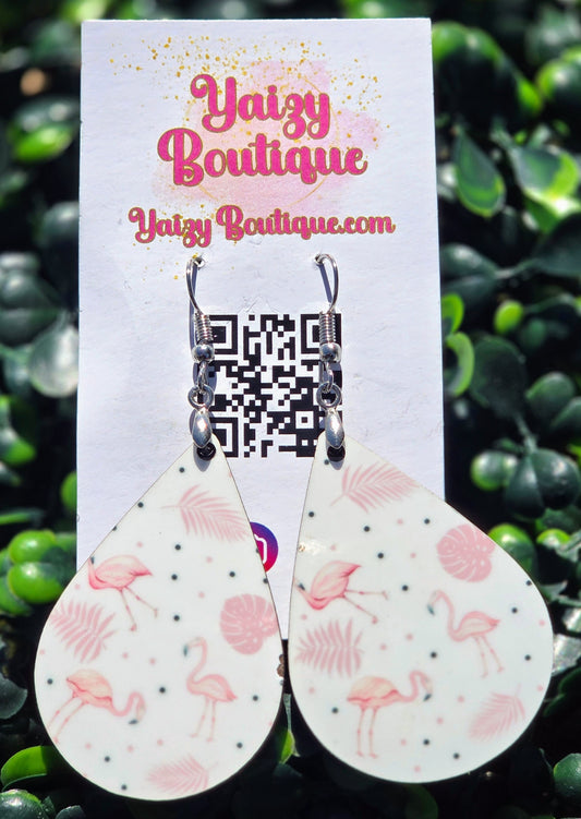 Handmade Flamingo Tropical Leaf Teardrop Earrings - Lightweight MDF Wood &amp; Stainless Steel Hooks Yaizy Boutique