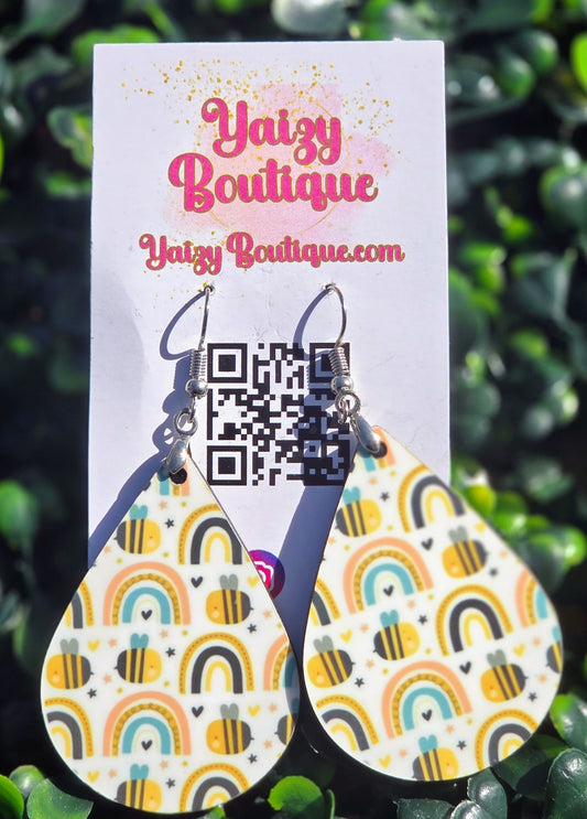 Handmade Boho Bee & Rainbow MDF Wood Earrings | Stainless Steel Hooks Yaizy Boutique