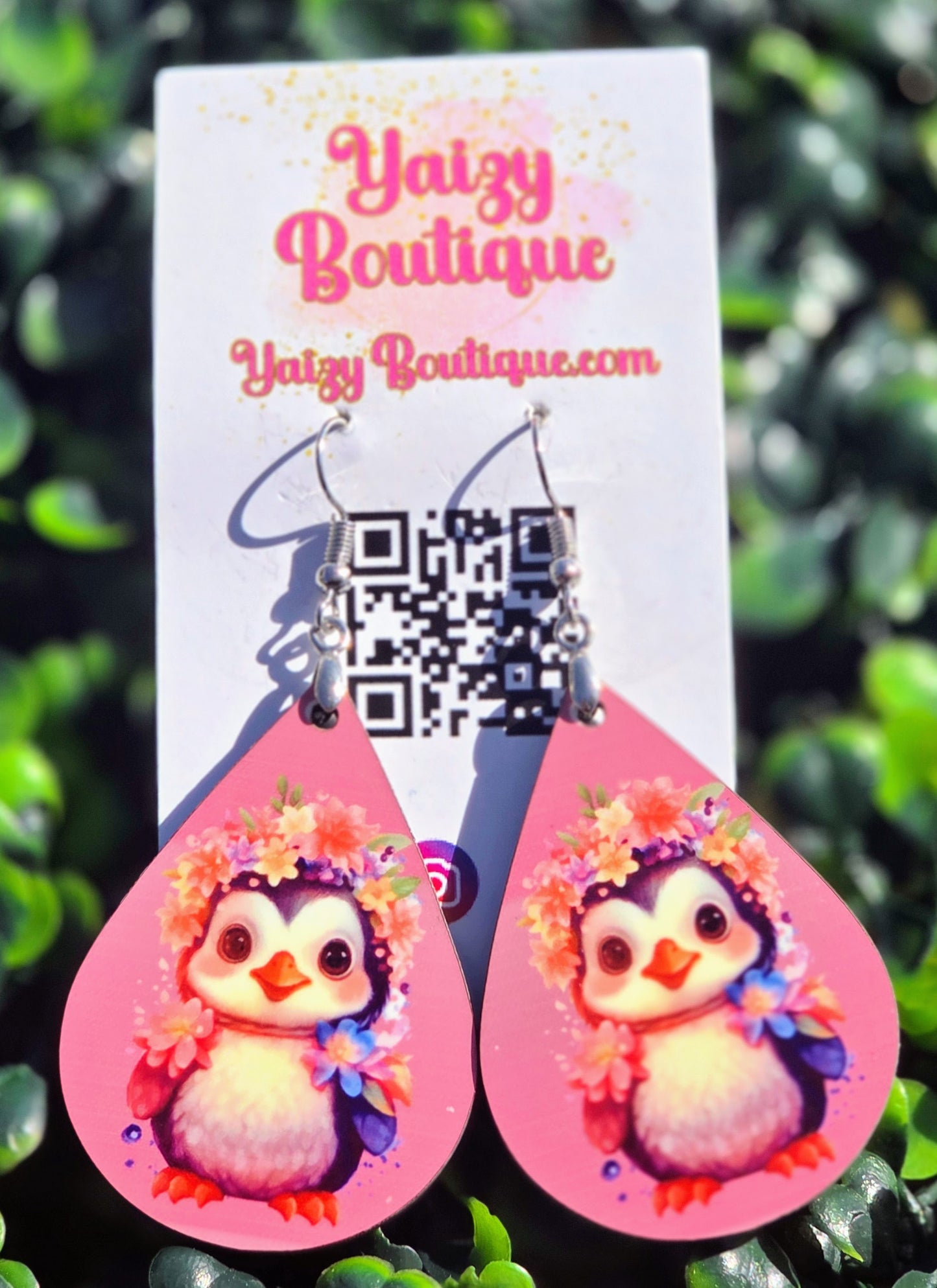 Handmade Penguin Floral Crown Teardrop Earrings - Lightweight MDF Wood & Stainless Steel Hooks Yaizy Boutique