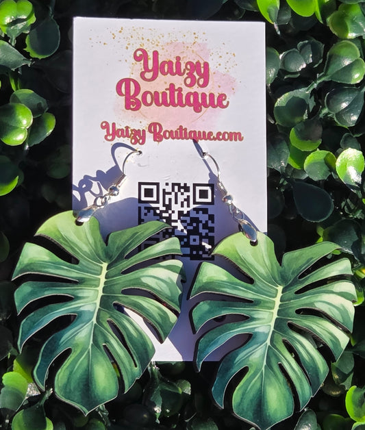 Handmade Monstera Deliciosa Statement Earrings – Double-Sided Lightweight Wood Jewelry | Yaizy Boutique Yaizy Boutique
