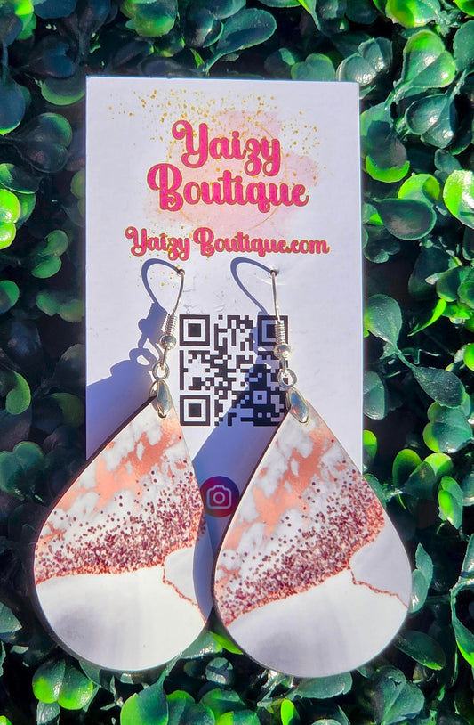 Rose Gold Marble Teardrop Earrings | Handmade MDF Wood Earrings with Stainless Steel Hooks Yaizy Boutique