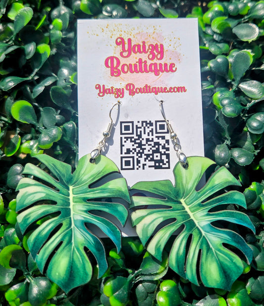 Double-Sided Monstera Deliciosa Wood Earrings – 2” Tropical Leaf Statement Jewelry – MDF & Stainless Steel Yaizy Boutique