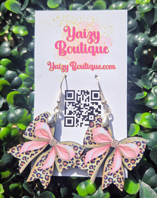 Double-Sided Leopard & Pink Bow Wood Earrings – 1.5” Cheetah Print Coquette Jewelry – MDF & Stainless Steel Yaizy Boutique