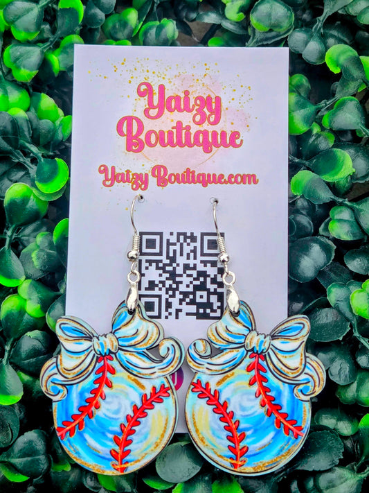 Baseball Bow Earrings - Lightweight MDF Wood Watercolor Game Day Jewelry Yaizy Boutique