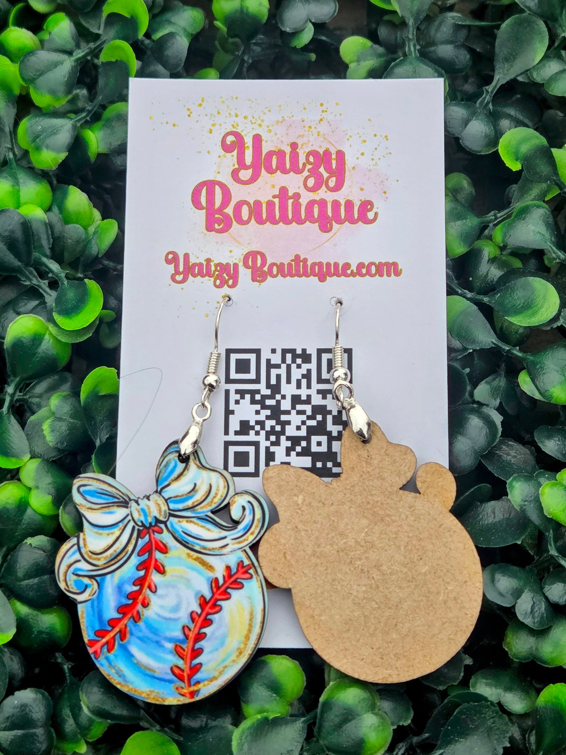 Baseball Bow Earrings - Lightweight MDF Wood Watercolor Game Day Jewelry Yaizy Boutique