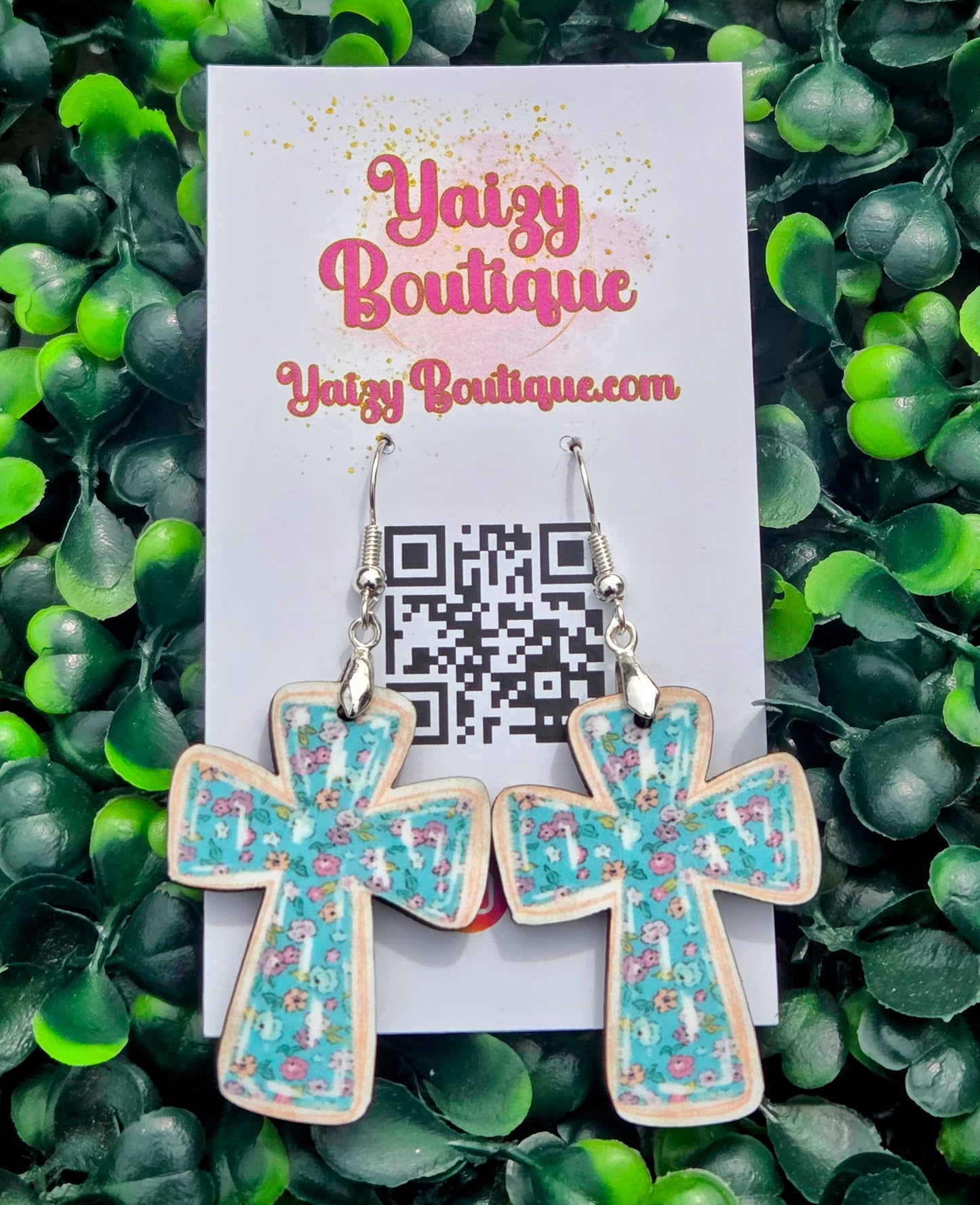 Teal Floral Cross Earrings - Lightweight MDF Wood & Stainless Steel - Vintage Style Jewelry Yaizy Boutique
