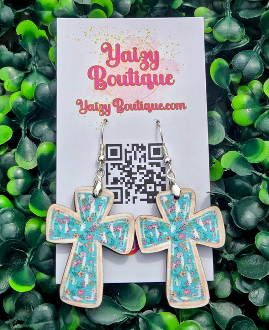 Teal Floral Cross Earrings - Lightweight MDF Wood & Stainless Steel - Vintage Style Jewelry Yaizy Boutique