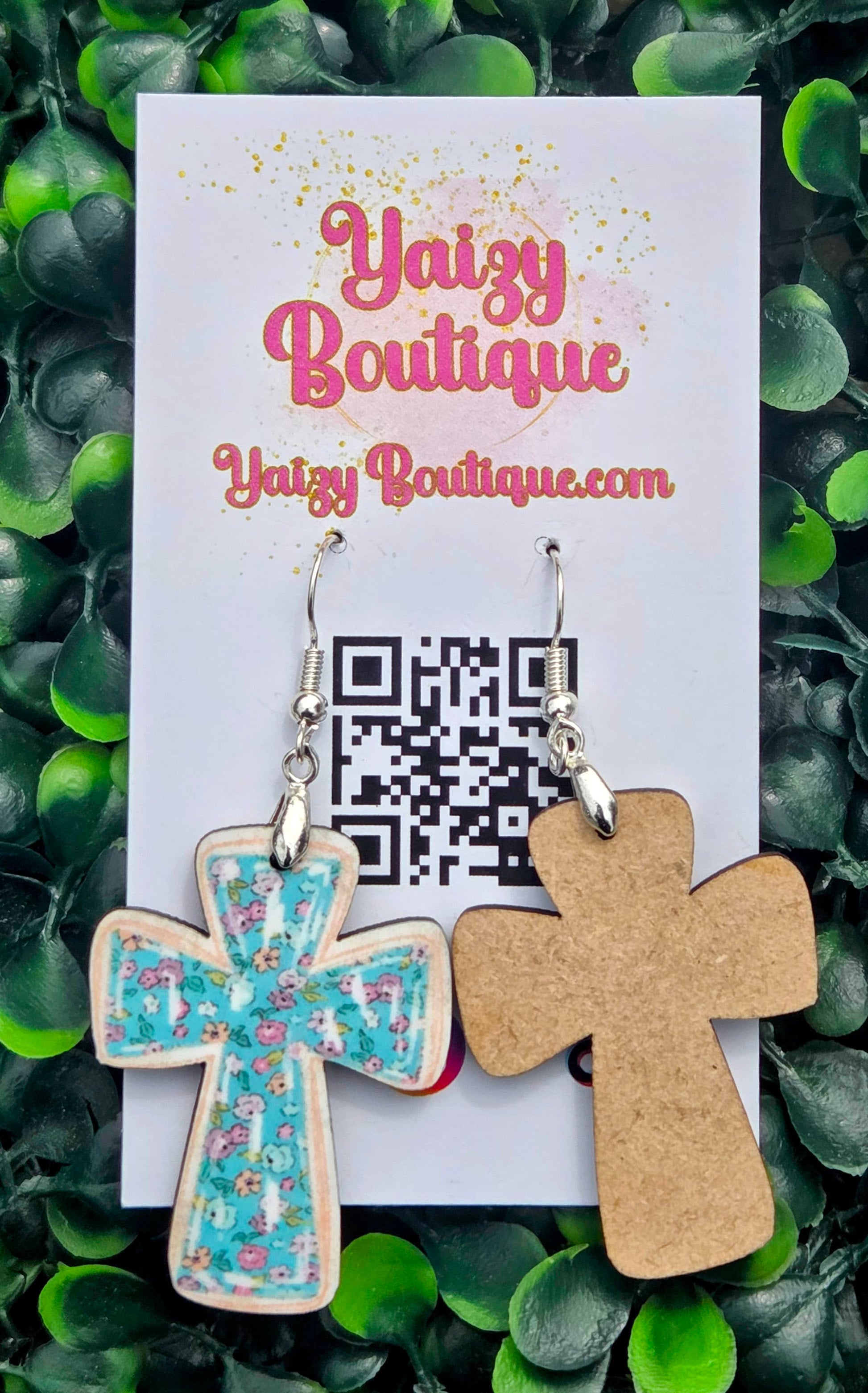 Teal Floral Cross Earrings - Lightweight MDF Wood & Stainless Steel - Vintage Style Jewelry Yaizy Boutique