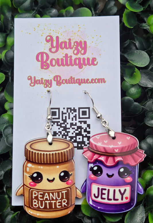 PB&J Kawaii Earrings - Mismatched Peanut Butter & Jelly - Lightweight MDF Wood & Stainless Steel Yaizy Boutique