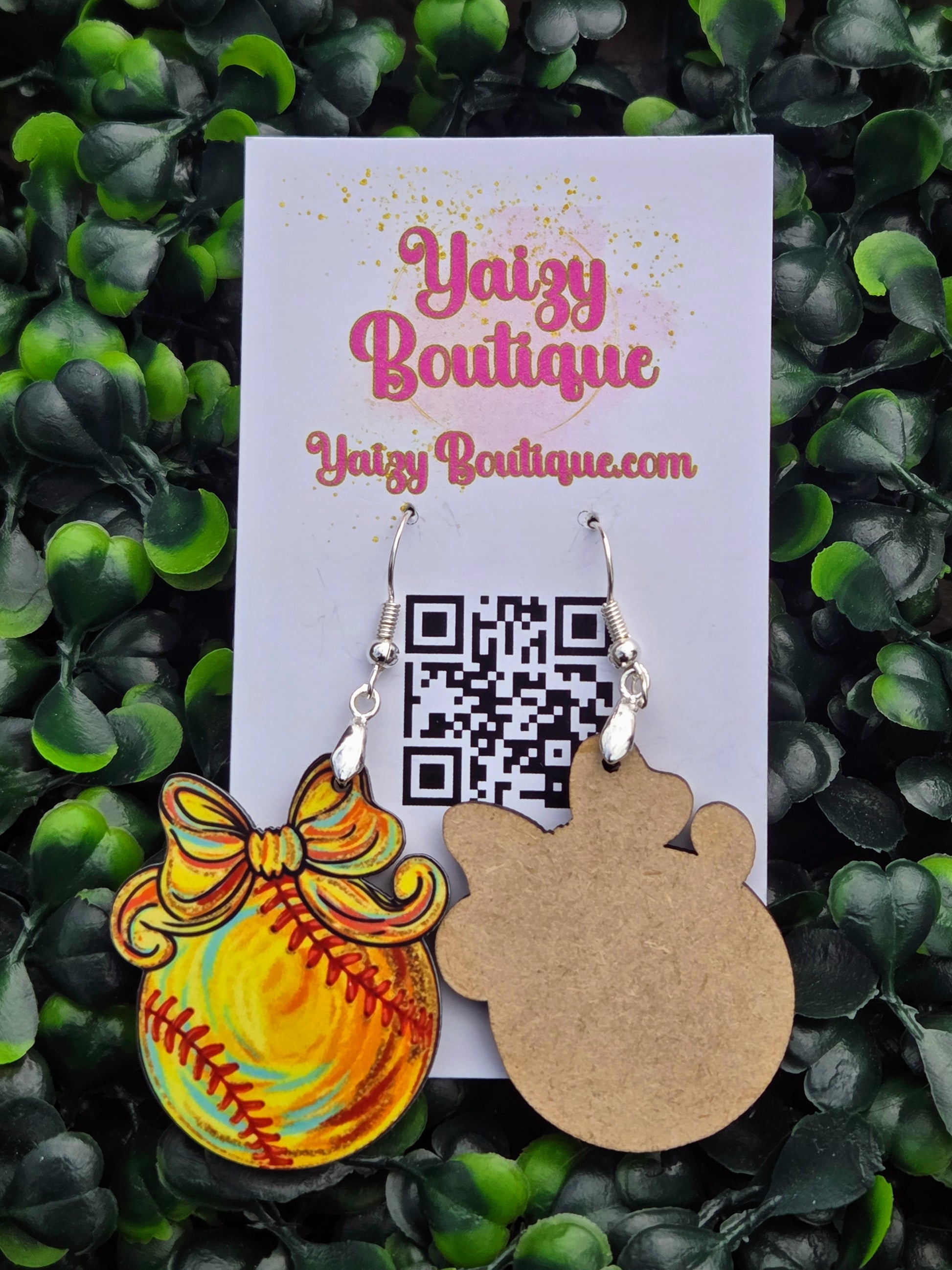Softball Bow Earrings - Neon Yellow Watercolor Style - Lightweight MDF Wood & Stainless Steel Yaizy Boutique