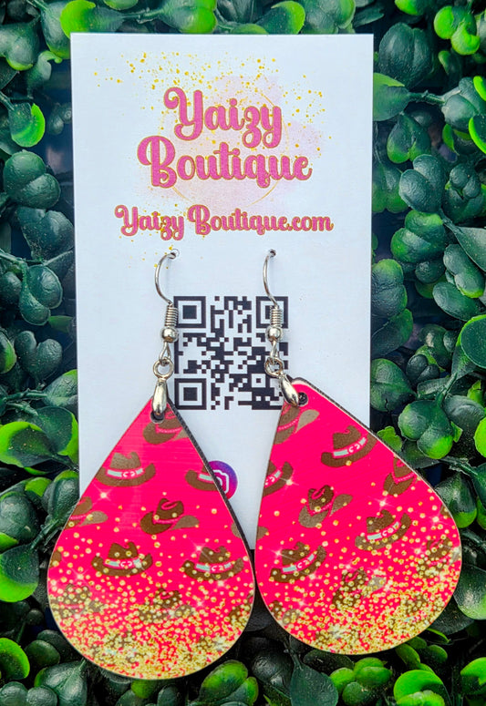 Hot Pink Cowboy Hat Teardrop Earrings | Vibrant Western Print Dangles | Yaizy Boutique Yaizy Boutique