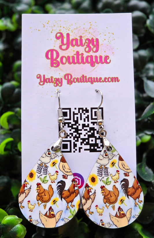 Whimsical Chicken & Sunflower Teardrop Earrings | Farmhouse Rooster Dangles | Yaizy Boutique Yaizy Boutique