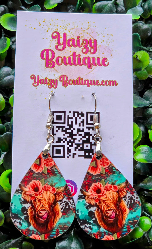 Floral Highland Cow Teardrop Earrings | Turquoise Western Boho Dangles | Yaizy Boutique Yaizy Boutique