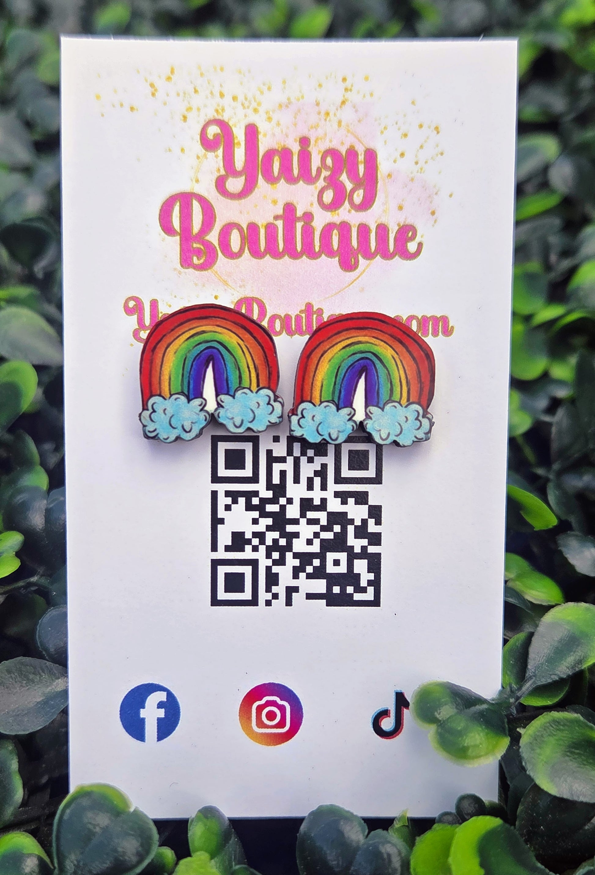 Hand-Drawn Rainbow and Clouds Wood Stud Earrings - Colorful MDF Jewelry Yaizy Boutique