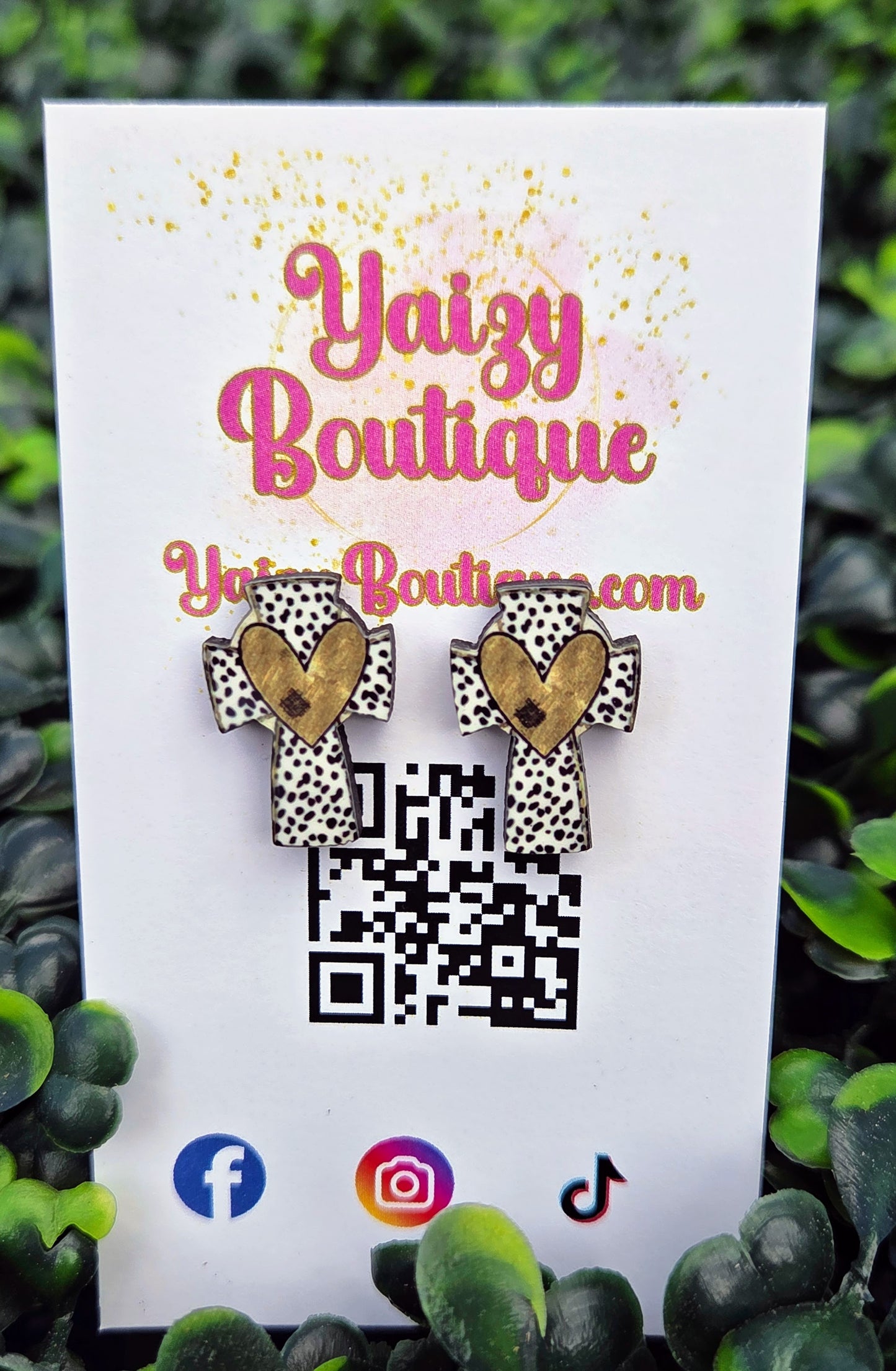 Dalmatian Print Cross Stud Earrings with Gold Heart - MDF Wood Boho Jewelry Yaizy Boutique