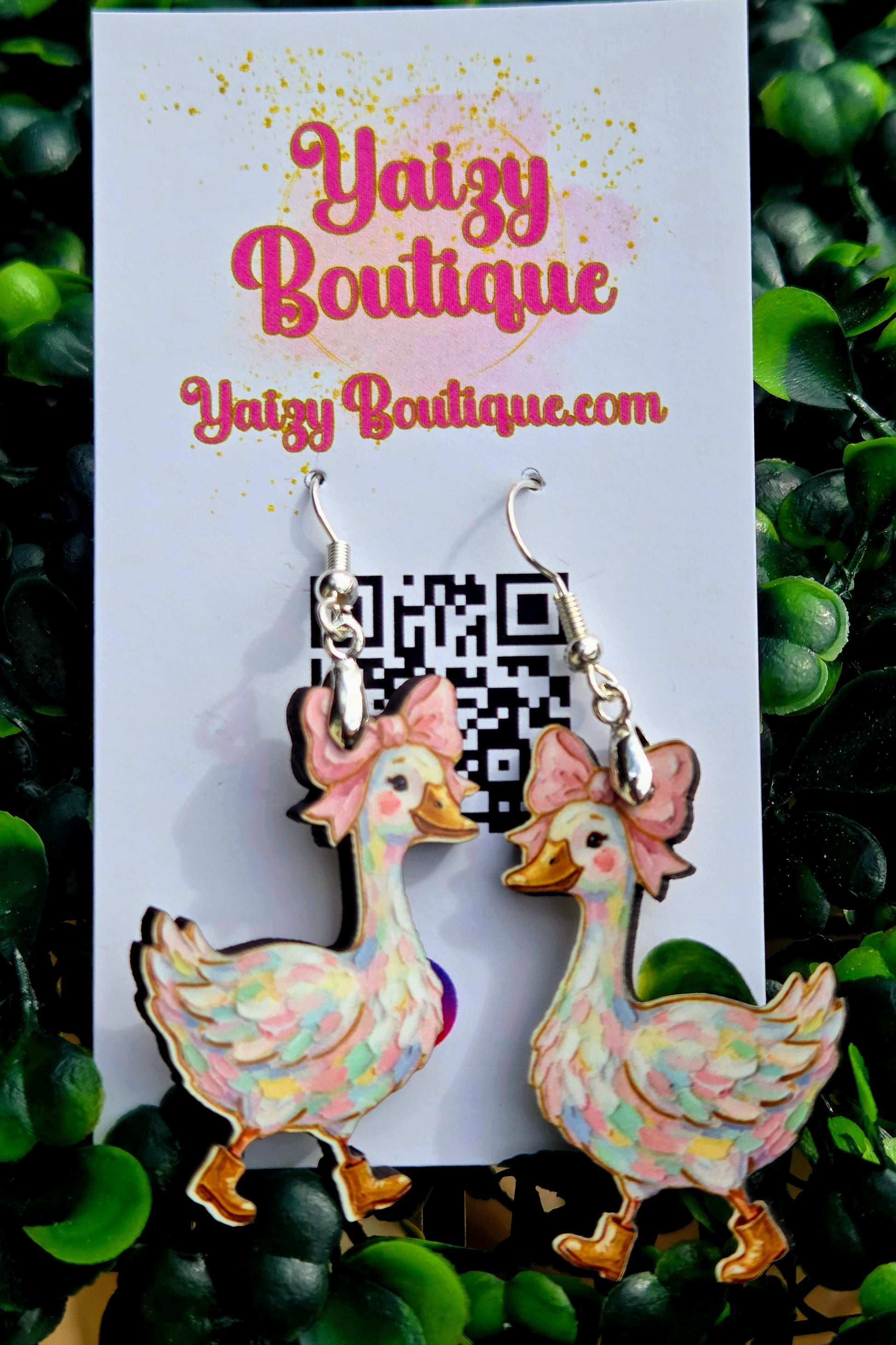 Handmade Whimsical Goose Wooden Earrings | Pink Bow & Boots Dangles Yaizy Boutique