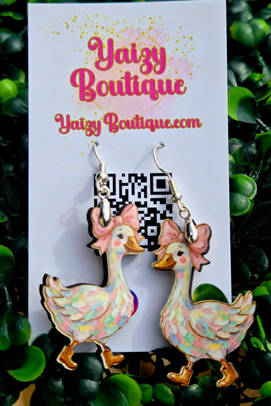 Handmade Whimsical Goose Wooden Earrings | Pink Bow & Boots Dangles Yaizy Boutique