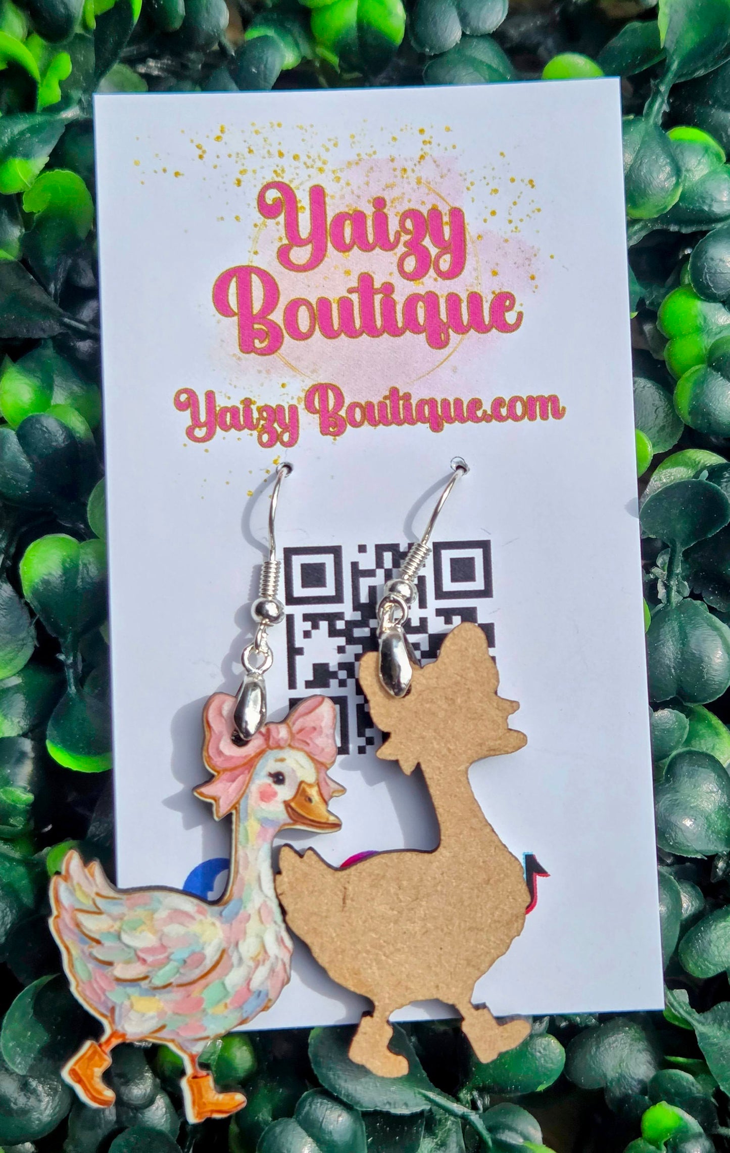 Handmade Whimsical Goose Wooden Earrings | Pink Bow & Boots Dangles Yaizy Boutique