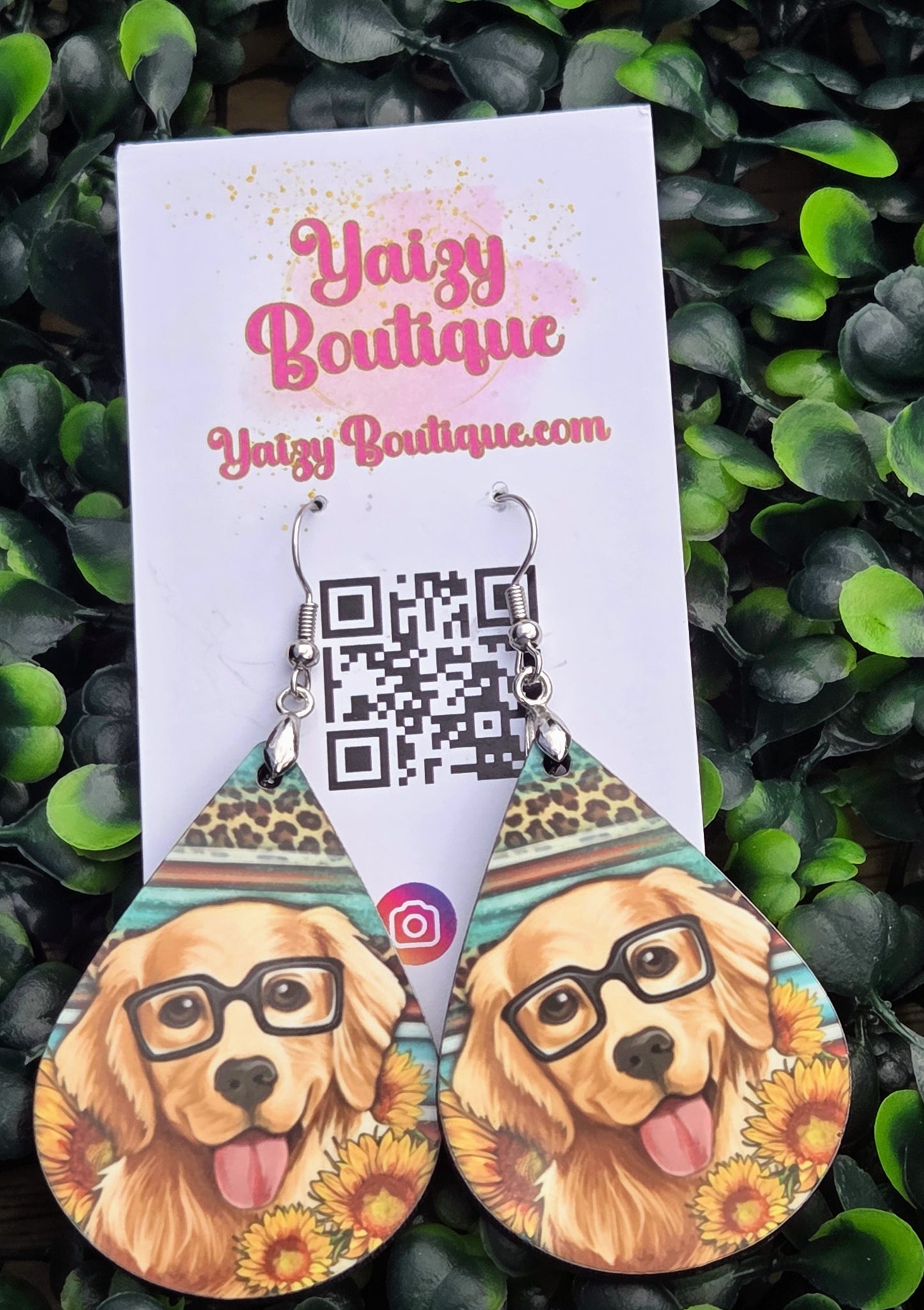Handmade Golden Retriever with Glasses Teardrop Earrings - 2-Inch Lightweight Wood Yaizy Boutique
