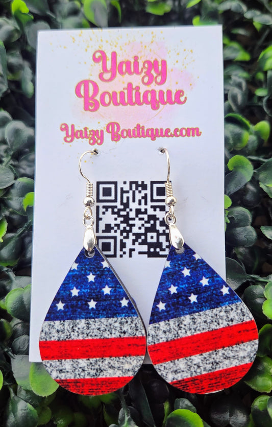 American Flag Teardrop Earrings – Handmade MDF Wood Patriotic Jewelry – Stars & Stripes Gift – Memorial Day 4th of July Yaizy Boutique
