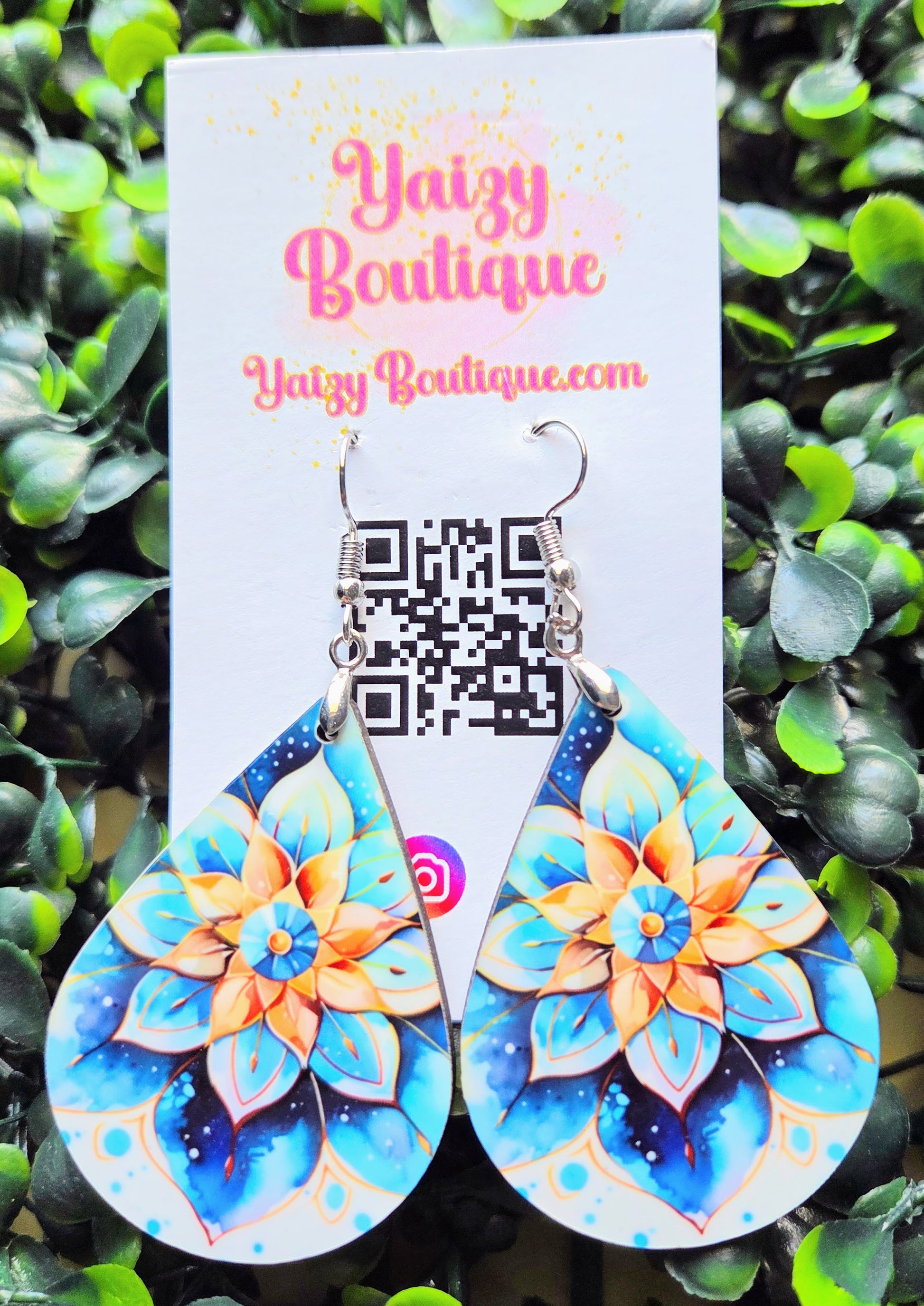 Mandala Floral Teardrop Earrings | Boho Wood Earrings | Handmade Dangle Earrings | Blue Orange Floral | Yaizy Boutique Yaizy Boutique
