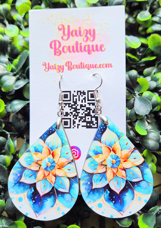 Mandala Floral Teardrop Earrings | Boho Wood Earrings | Handmade Dangle Earrings | Blue Orange Floral | Yaizy Boutique Yaizy Boutique