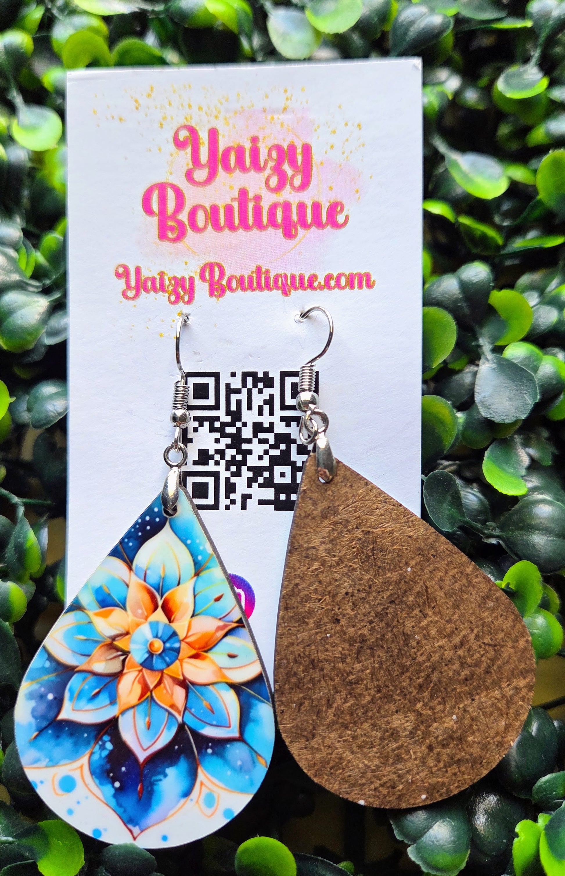 Mandala Floral Teardrop Earrings | Boho Wood Earrings | Handmade Dangle Earrings | Blue Orange Floral | Yaizy Boutique Yaizy Boutique