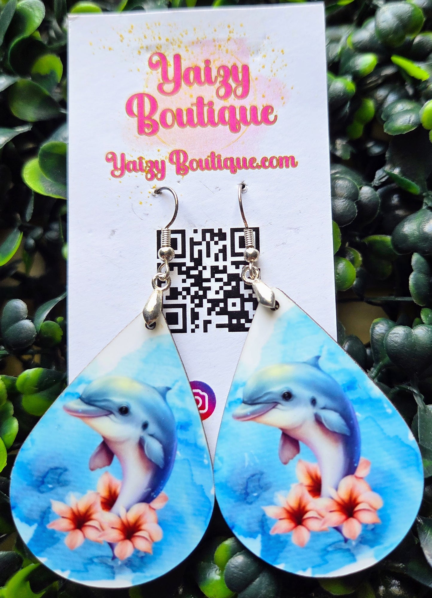 Dolphin Flower Teardrop Earrings – Handmade MDF Wood Coastal Jewelry – Ocean Animal Gift for Her Yaizy Boutique