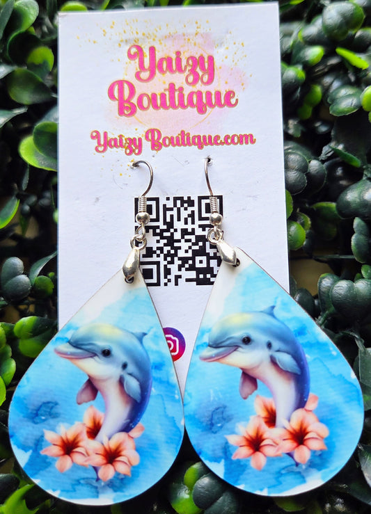 Dolphin Flower Teardrop Earrings – Handmade MDF Wood Coastal Jewelry – Ocean Animal Gift for Her Yaizy Boutique