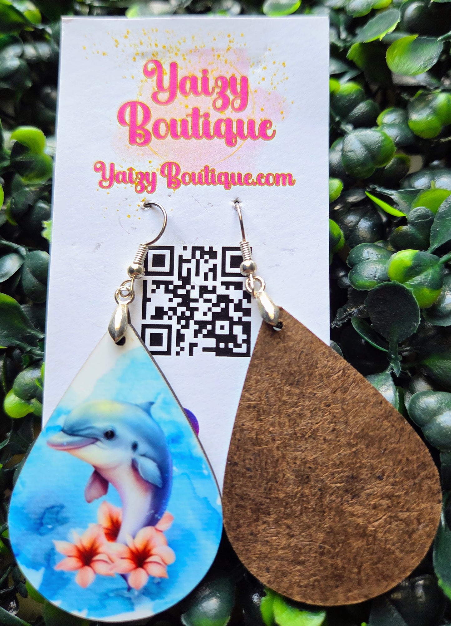 Dolphin Flower Teardrop Earrings – Handmade MDF Wood Coastal Jewelry – Ocean Animal Gift for Her Yaizy Boutique