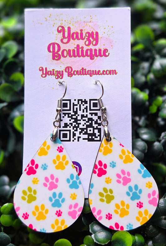 Handmade Colorful Paw Print Teardrop Earrings - 2-Inch Lightweight Wood Yaizy Boutique
