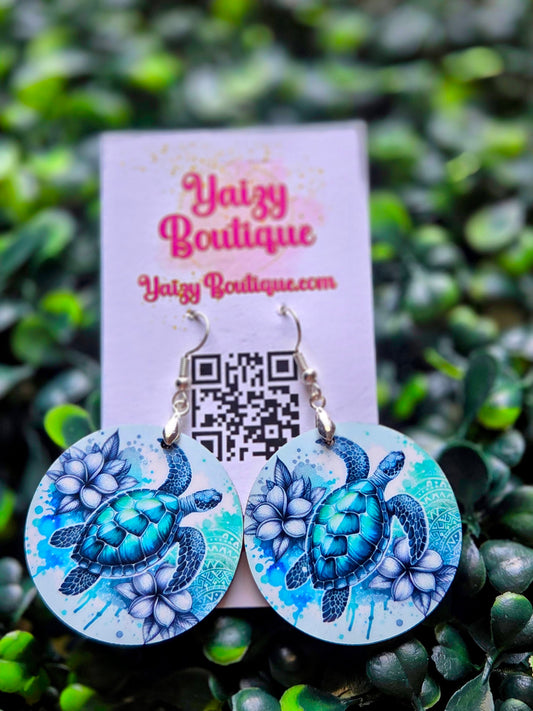 Sea Turtle Earrings | Watercolor Plumeria Beach Dangle Earrings | Lightweight Wood Yaizy Boutique