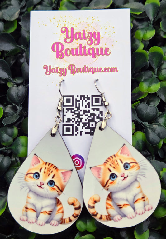Handmade Orange Tabby Kitten Teardrop Earrings - 2-Inch Lightweight Wood Yaizy Boutique