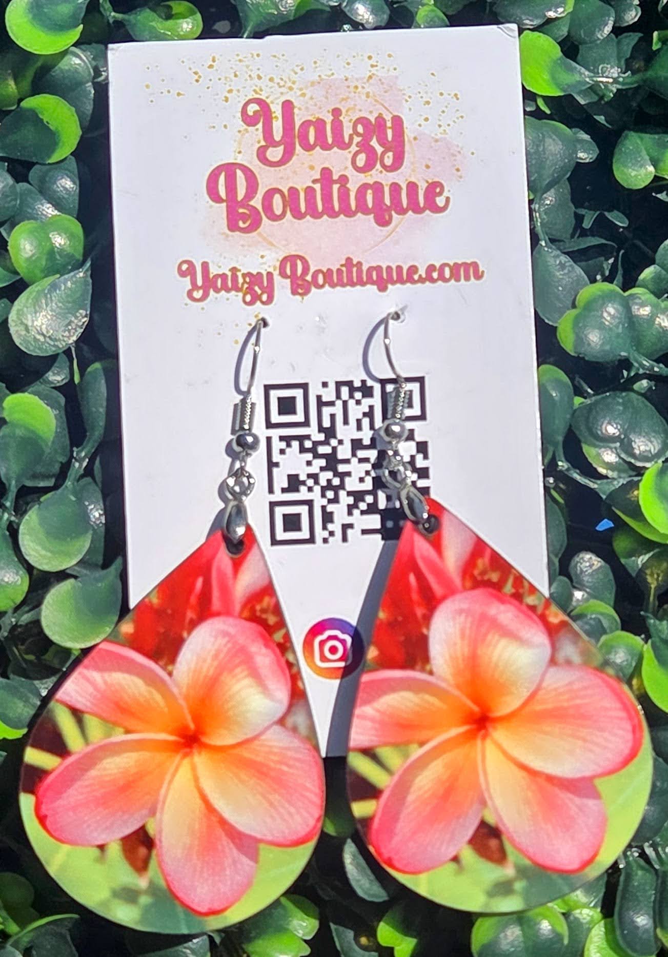 Handmade Real Picture Plumeria Frangipani Teardrop Earrings - Lightweight Wood Yaizy Boutique