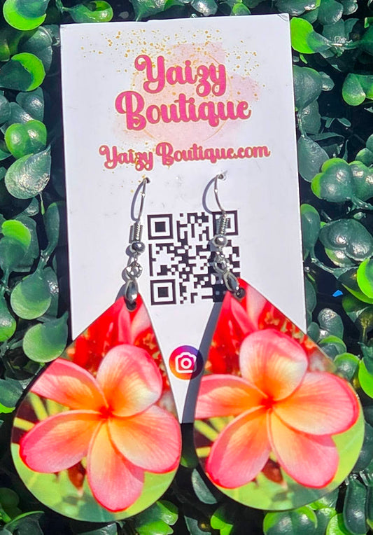 Handmade Real Picture Plumeria Frangipani Teardrop Earrings - Lightweight Wood Yaizy Boutique