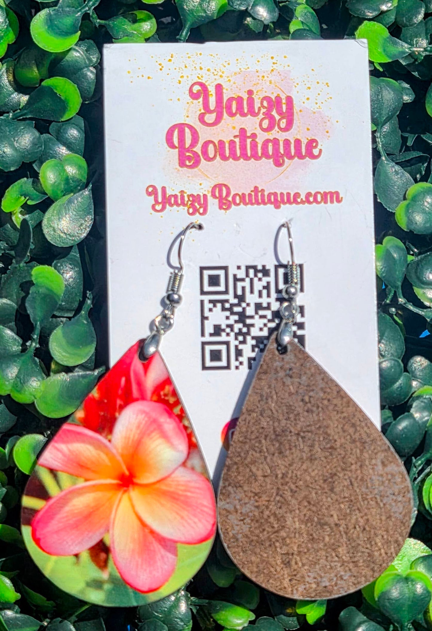 Handmade Real Picture Plumeria Frangipani Teardrop Earrings - Lightweight Wood Yaizy Boutique