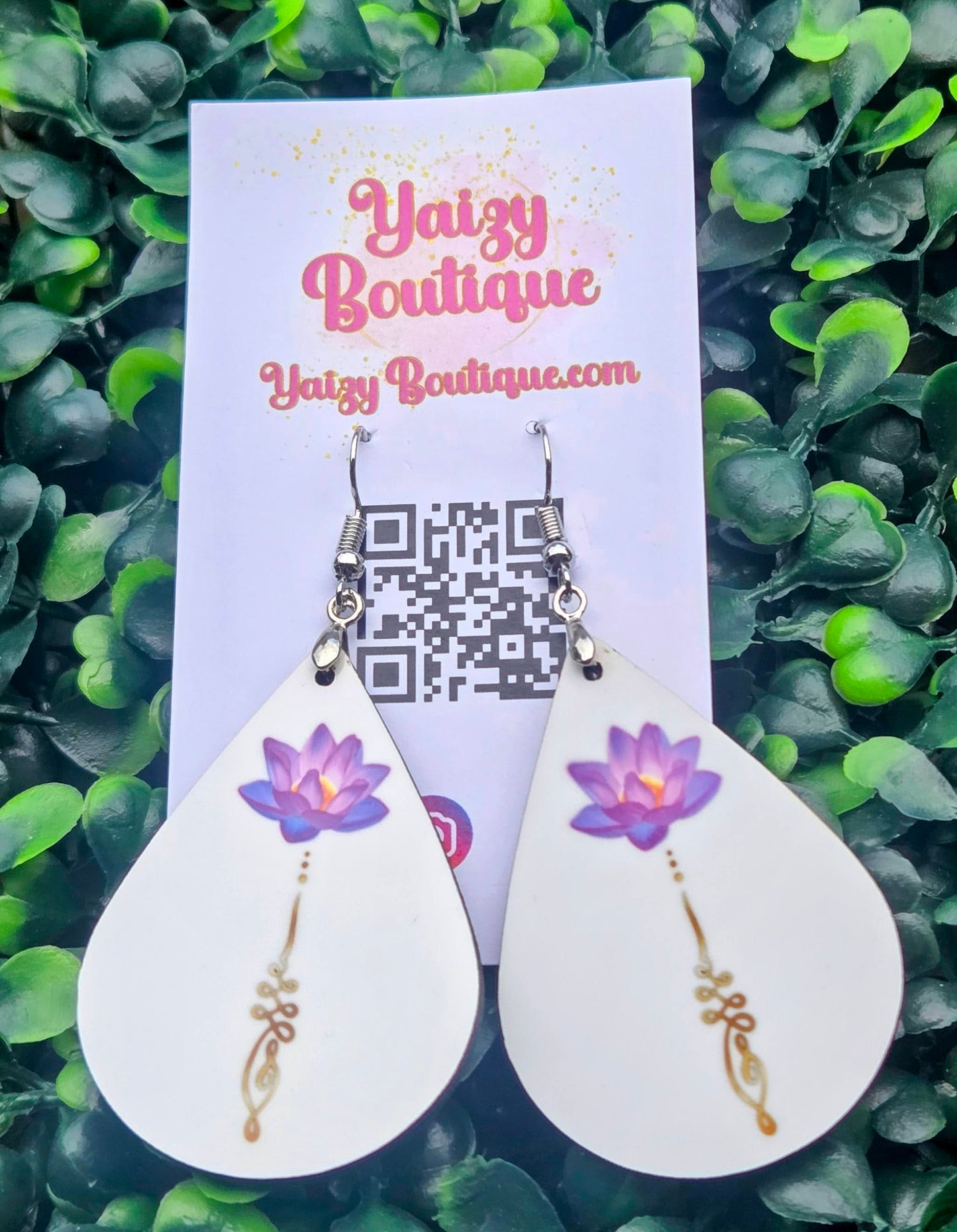 Handmade Lotus Flower Unalome Wood Teardrop Earrings | Lightweight MDF & Stainless Steel Hooks Yaizy Boutique