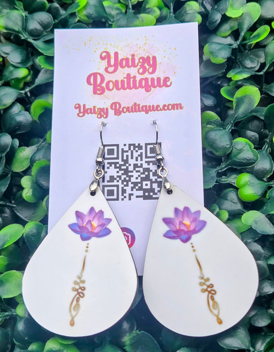 Handmade Lotus Flower Unalome Wood Teardrop Earrings | Lightweight MDF & Stainless Steel Hooks Yaizy Boutique