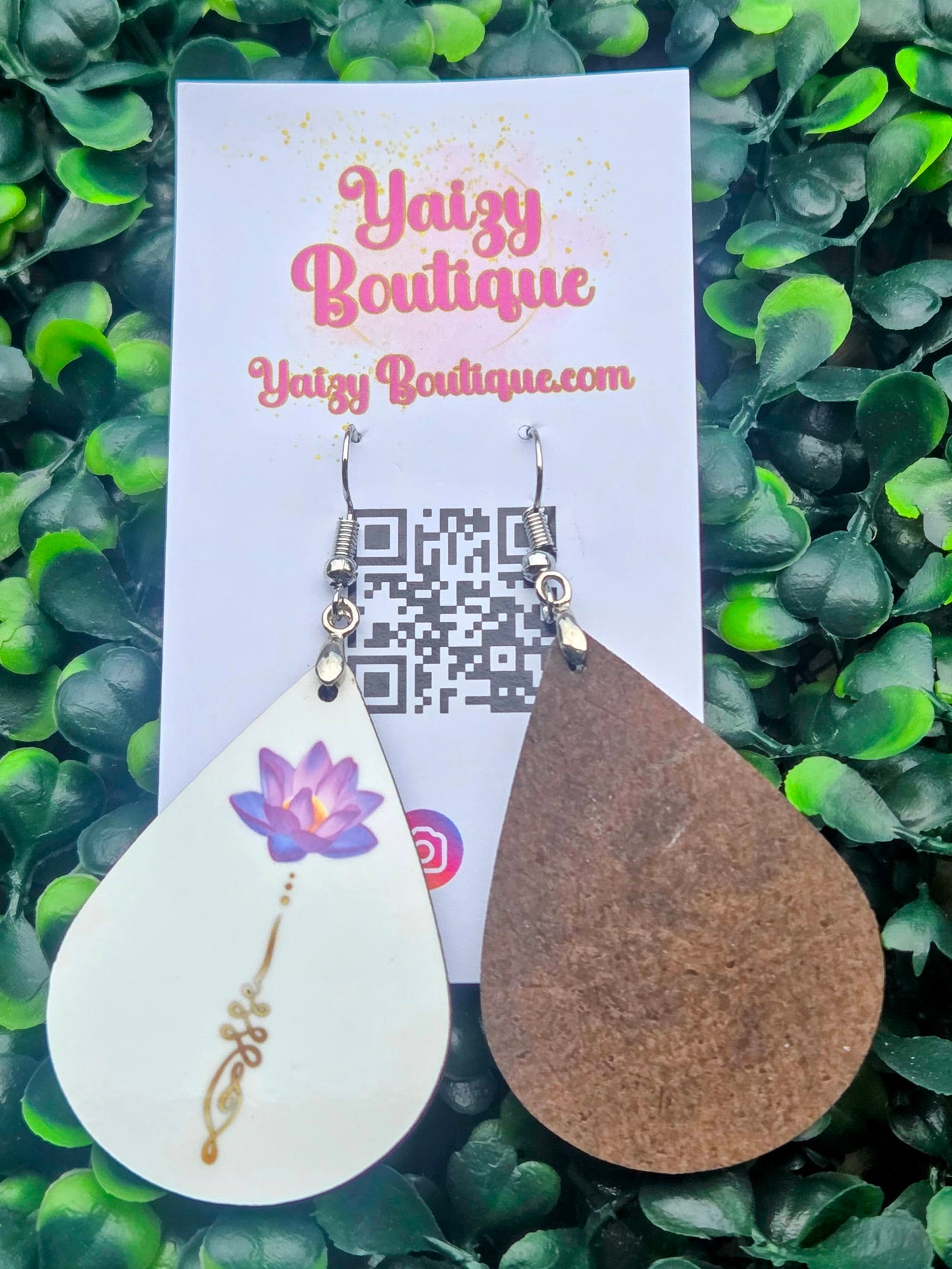 Handmade Lotus Flower Unalome Wood Teardrop Earrings | Lightweight MDF & Stainless Steel Hooks Yaizy Boutique