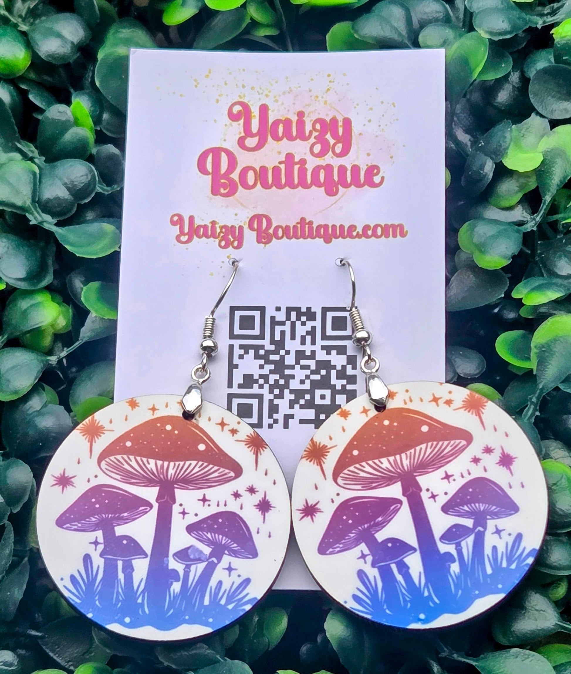 Handmade Celestial Mushroom Wood Dangle Earrings | Lightweight MDF & Stainless Steel Hooks Yaizy Boutique