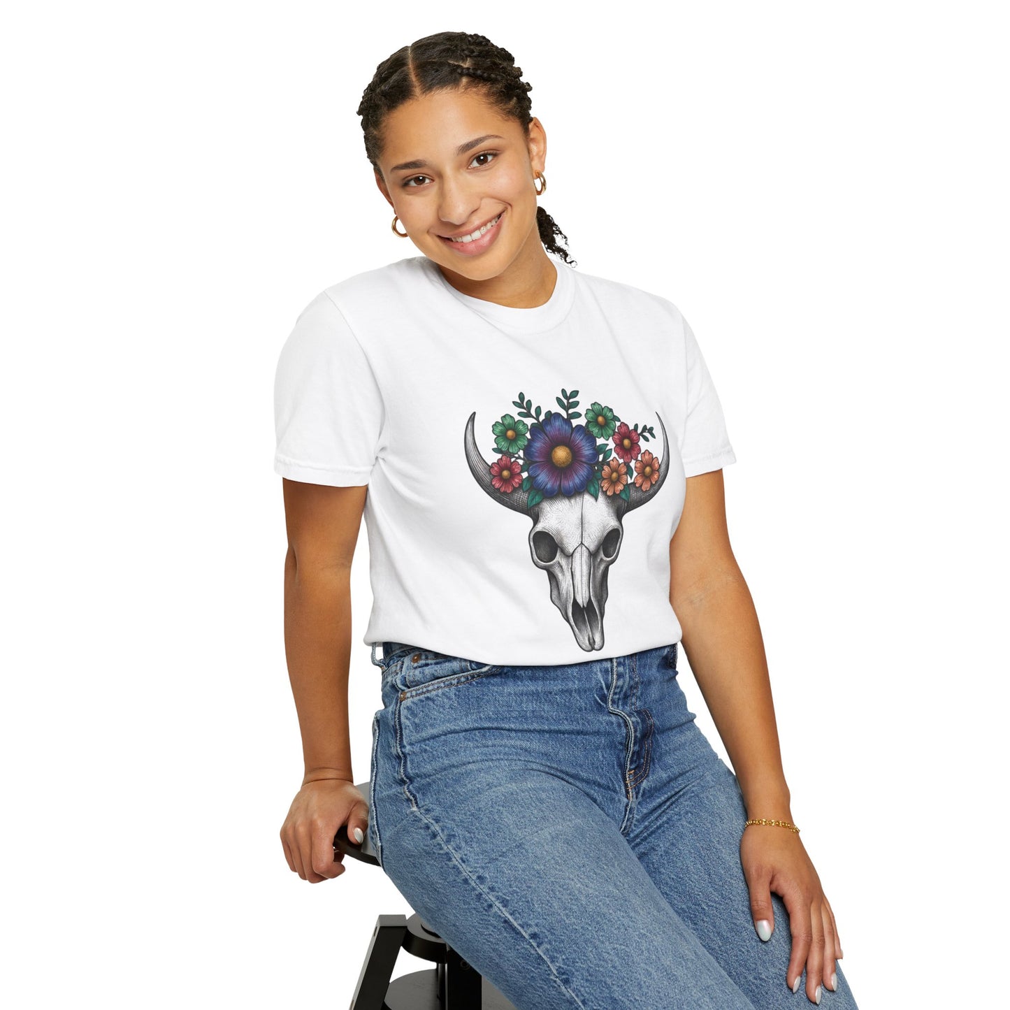 Floral Bull Skull Comfort Colors Tee | Western Boho Graphic Shir Printify