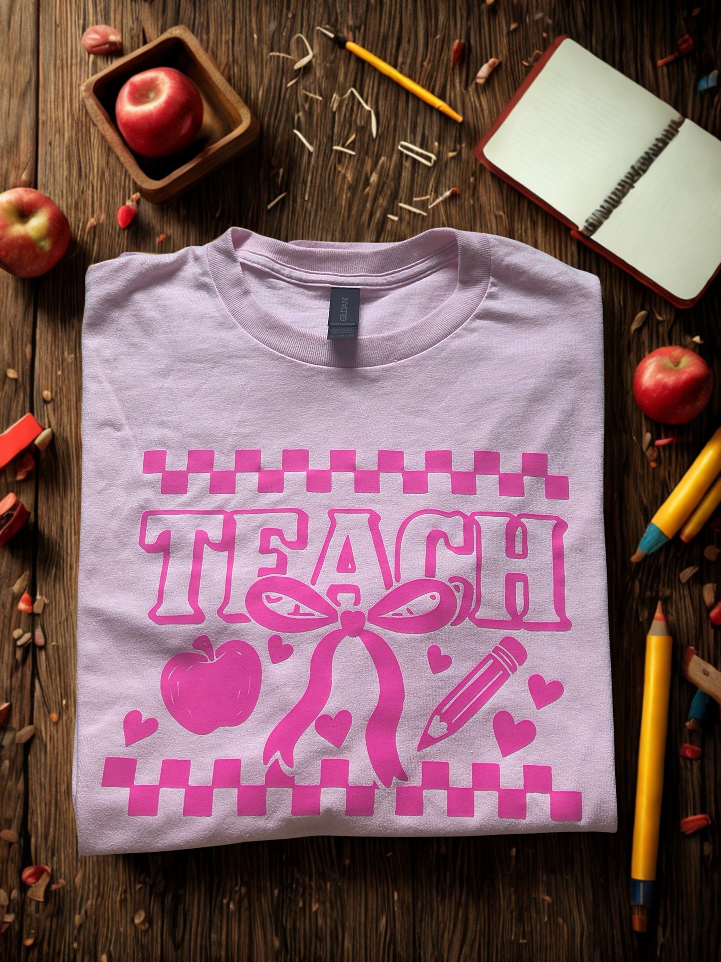 Teach Bow Teacher Shirt – Pink Screen Print Teacher Tee – Teacher Appreciation Gift – Plus Size 2XL,3XL Yaizy Boutique