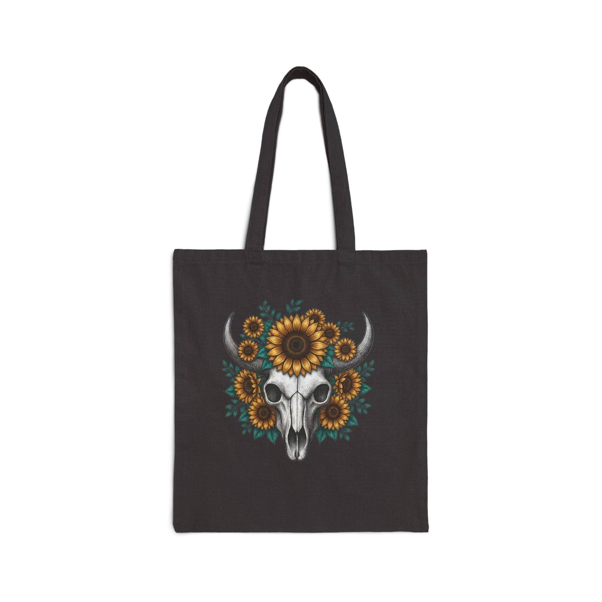 Sunflower Bull Skull Tote Bag – Western Boho Canvas Tote, Rustic Sunflower Skull Market Bag, Country Style Cotton Tote Printify