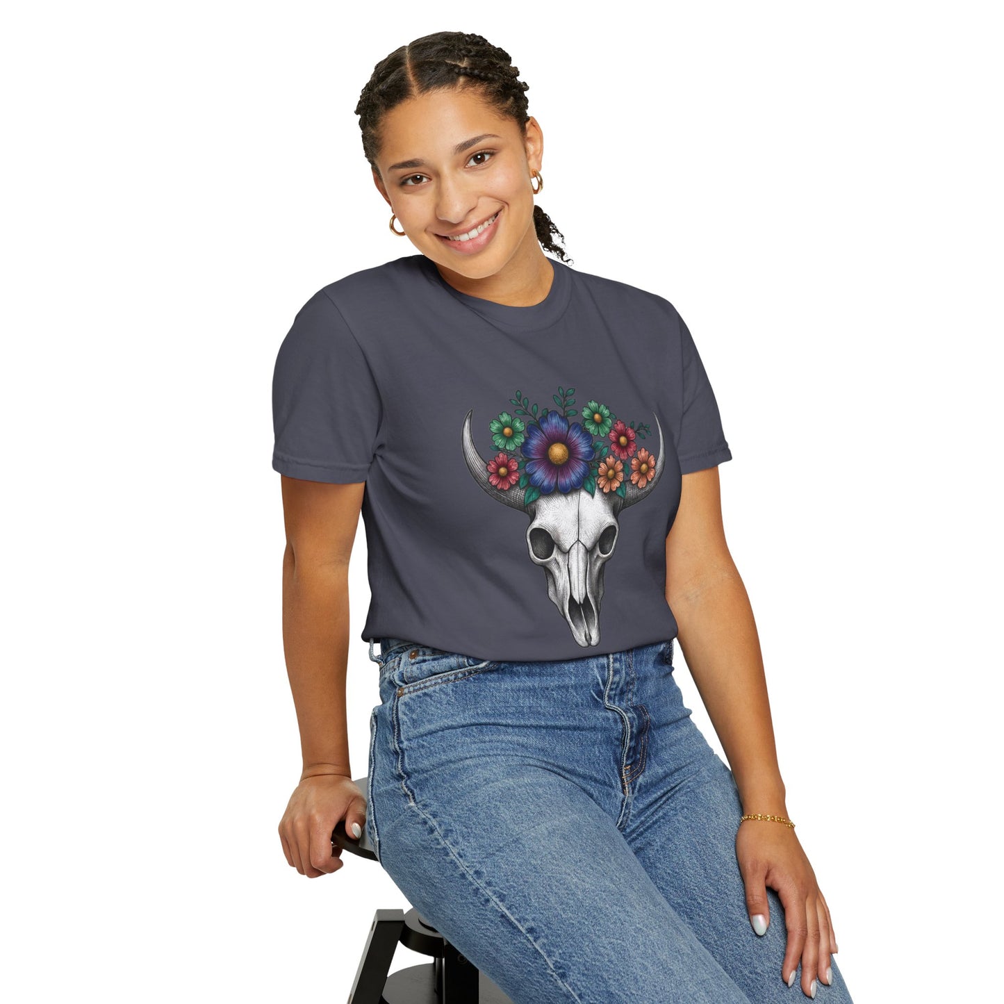 Floral Bull Skull Comfort Colors Tee | Western Boho Graphic Shir Printify