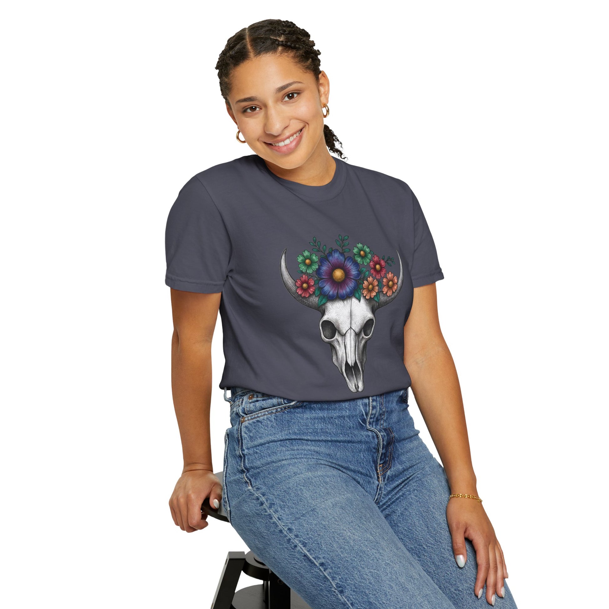 Floral Bull Skull Comfort Colors Tee | Western Boho Graphic Shir Printify