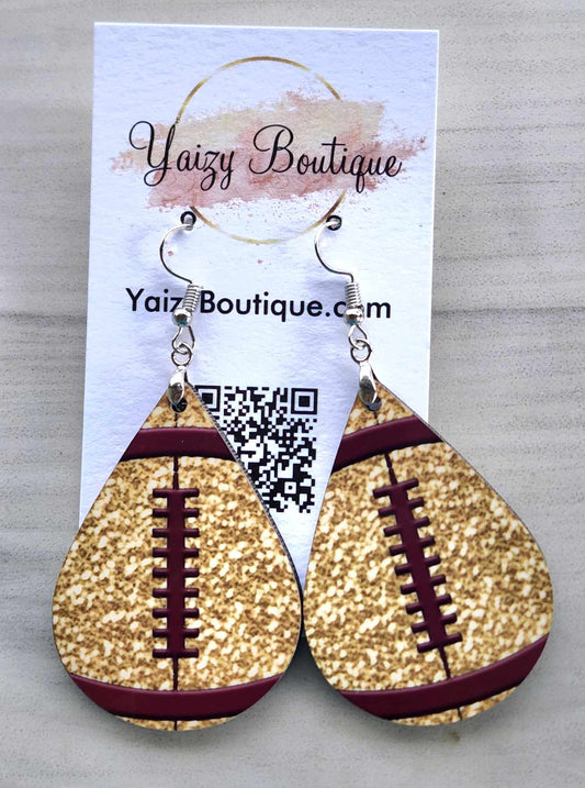 Gold & Maroon Sparkly Football Earrings