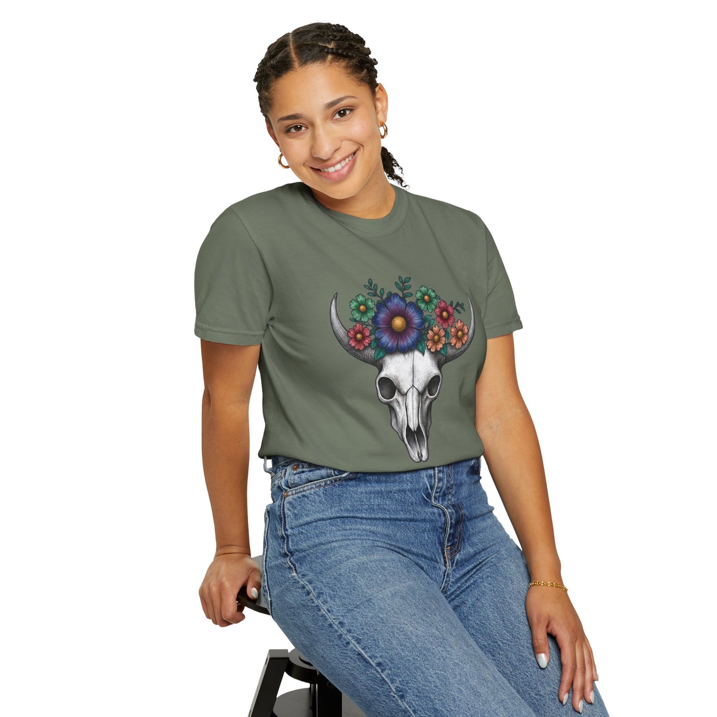 Floral Bull Skull Comfort Colors Tee | Western Boho Graphic Shir Printify