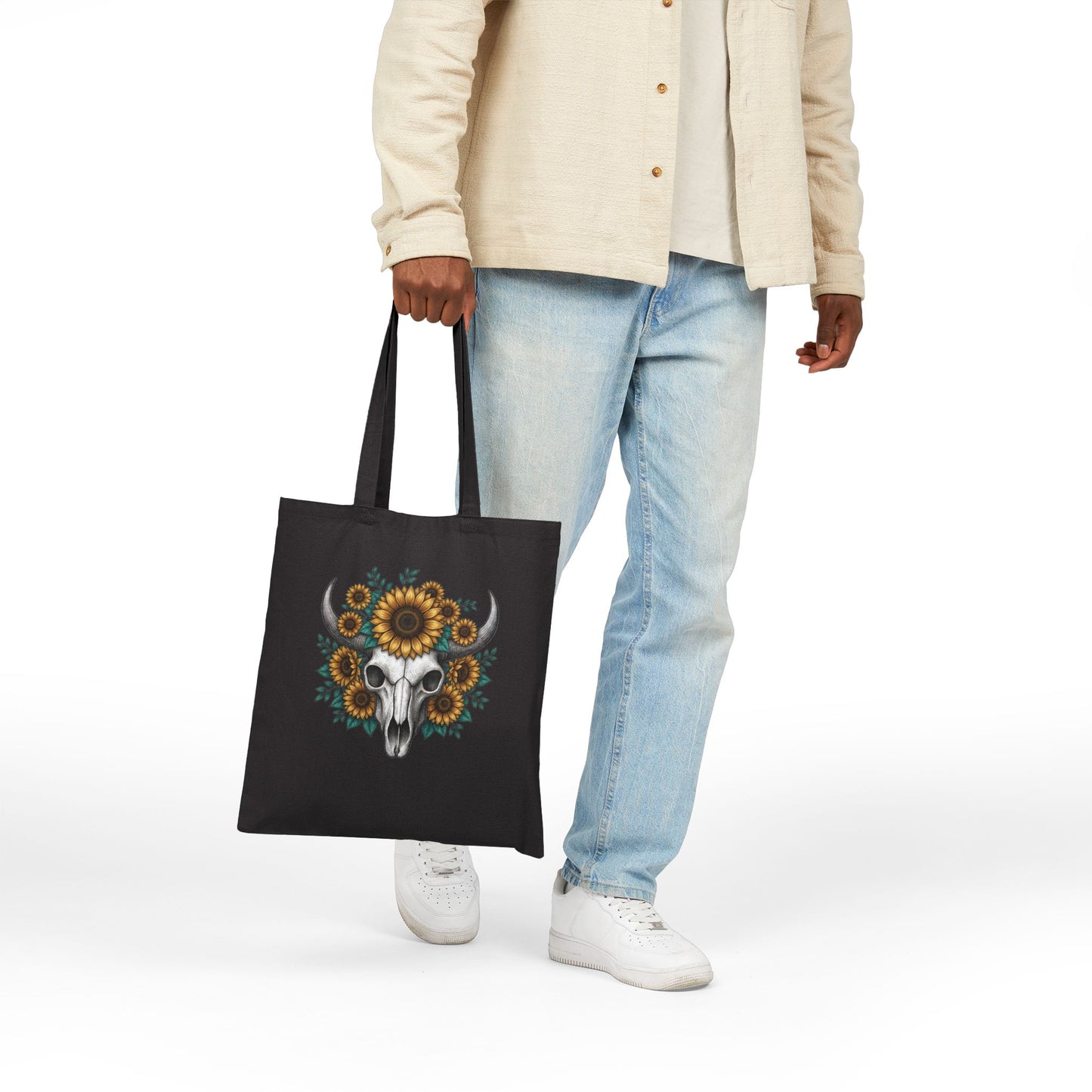 Sunflower Bull Skull Tote Bag – Western Boho Canvas Tote, Rustic Sunflower Skull Market Bag, Country Style Cotton Tote Printify