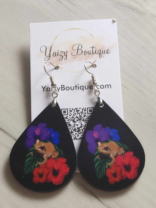 Multi-Colored Hibiscus Flower With Coqui Frog Earrings