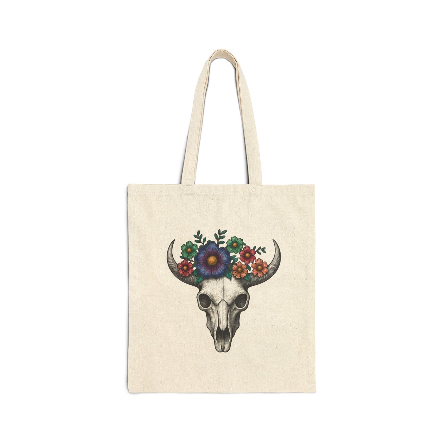Floral Bull Skull Canvas Tote Bag | Western Boho Market Bag Printify